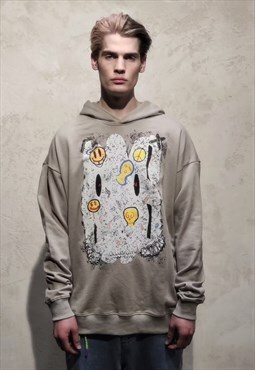 Emoji graffiti hoodie y2k scribble smiley pullover in grey