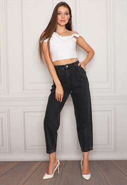 Women High Waisted Carrot Jeans In Black by Darkly Jeans