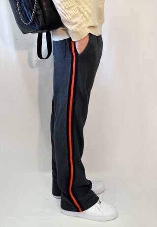 COTTON FLEECE TRACK PANTS JOGGERS WITH RED STRIPE (GREY)