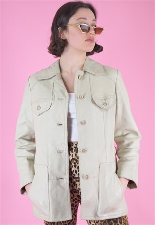 VINTAGE LEATHER JACKET TRENCH COAT IN CREAM BEIGE