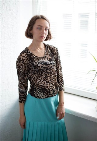 VINTAGE 80'S BROWN 3/4 SLEEVED ANIMAL PRINT TOP