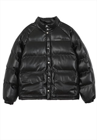 PU leather quilted puffer jacket y2k bomber in solid black | Now ...