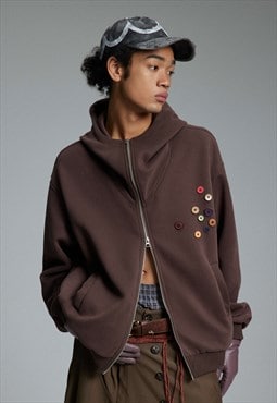Raised neck hoodie utility pullover badge jumper in brown