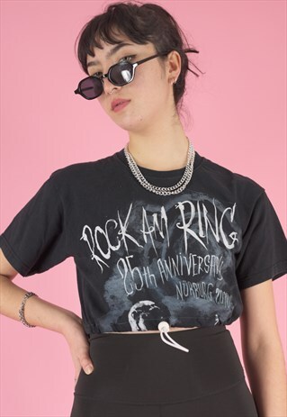 VINTAGE REWORKED CROP TOP T-SHIRT IN BLACK WITH PRINT