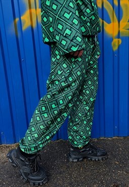 69 print joggers crushed velvet retro logo overalls in green