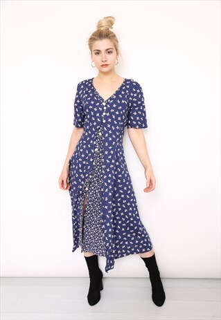 VINTAGE 90S BLUE FLORAL BUTTON MIDI DRESS