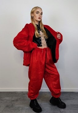 Red faux fur joggers winter raver pants fluffy ski trousers