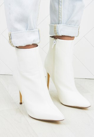 TASHA WHITE POINTED TOE HEELED ANKLE BOOTS