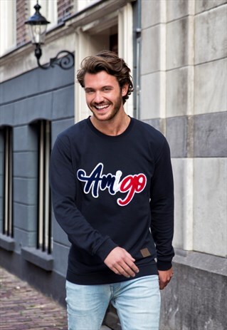 NAVY BLUE SWEATSHIRT WITH BLUE/WHITE/RED TOWELLING AMIGO ART