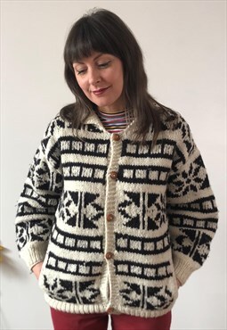 Vintage Hand Knit Black & White Abstract Print Cardigan