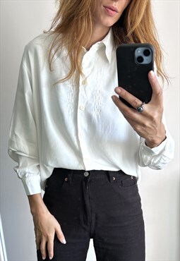 White Long Sleeve Buttoned Embroidered Shirt Top Blouse L