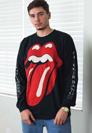 VINTAGE ROLLING STONES ROCK T-SHIRT LOGO 90S L 11.8