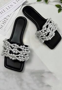 Black & White Slider Flat Sandals with Pearls 