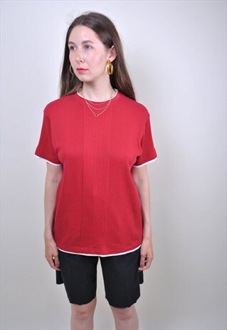 90S DOBLE RED TEE, STRIPED VINTAGE T-SHIRT, SIZE M