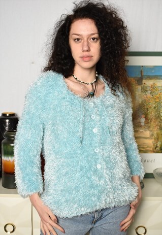 VINTAGE 80S FURRY FLUFFY JUMPER SWEATER PULLOVER PASTEL BLUE
