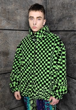 Check fleece jacket green handmade reversible chess coat