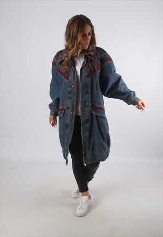VINTAGE DENIM BOMBER JACKET OVERSIZED LONG UK L 14 (H93R)