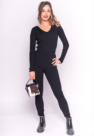 HOODED CROP TOP AND LEGGINGS SET IN BLACK