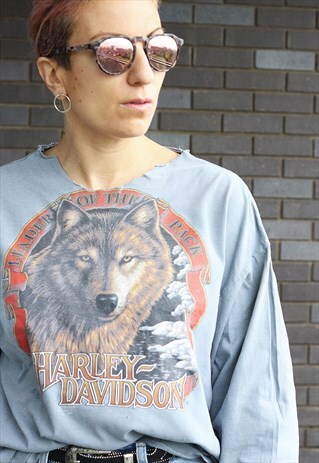 VINTAGE 1990S HARLEY DAVIDSON LONG SLEEVED BLUE T SHIRT