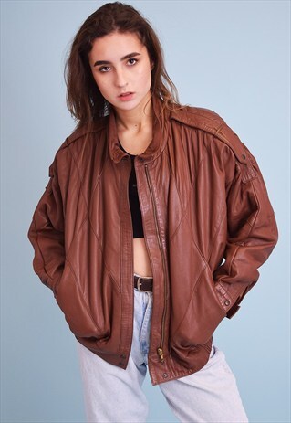 80'S RETRO BROWN GENUINE LEATHER OVERSIZED BOMBER JACKET TOP