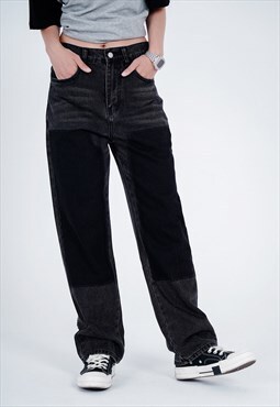 Ripped jeans straight fit patch denim pants in black