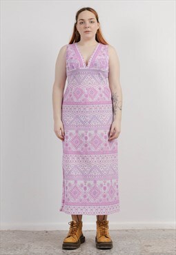 Vintage 70s Boho Pink Pattern Maxi V-neck Dress M/L Petite