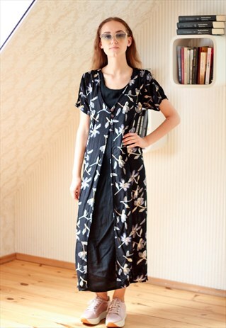 BLACK FLORAL MIDI DRESS WITH BELT