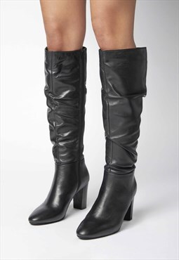 ANNIE - Slouch Leather High Heeled Knee Boots in Black