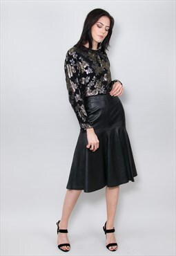 80's Vintage Ladies Skirt Black Soft Leather Midi