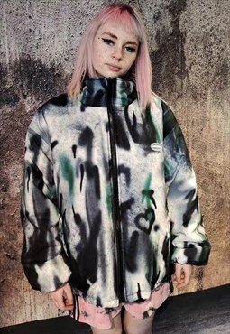 Reversible graffiti bomber heart print thin puffer jacket