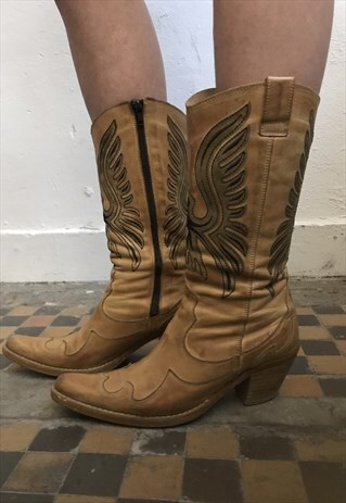 VINTAGE 90' UNIQUE COOL BROWN LEATHER COWBOY BOOTS