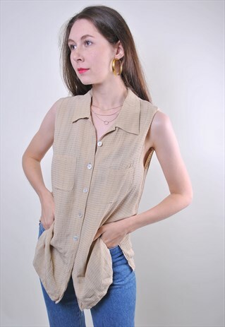 VINTAGE WOMEN BEIGE PLAID SLEEVELESS BLOUSE