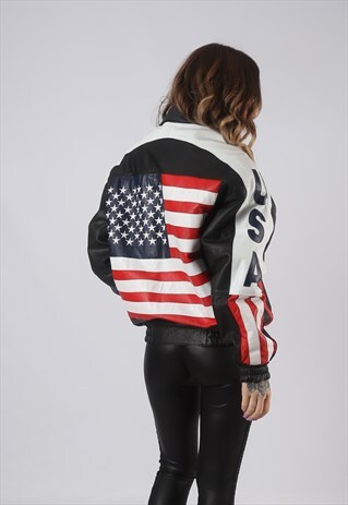 LEATHER BOMBER JACKET USA OVERSIZED VINTAGE UK 14 (HKCP)