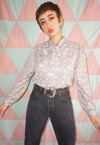 VINTAGE 60S BEIGE PATTERNED BLOUSE WITH PUSSY BOW