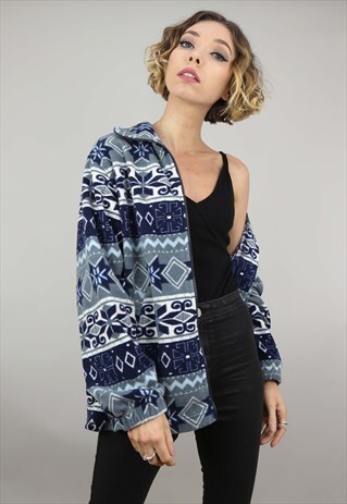 VINTAGE 90S OVERSIZED BLUE PATTERNED ZIP UP FLEECE