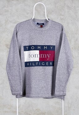 Vintage Tommy Hilfiger Grey Sweatshirt Spell Out Flag Logo