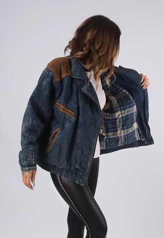 VINTAGE DENIM BOMBER JACKET OVERSIZED LINED UK 16 XL (GO1A)
