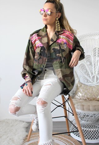 VINTAGE KHAKI JACKET MILITARY ETHNIC EMBROIDERY