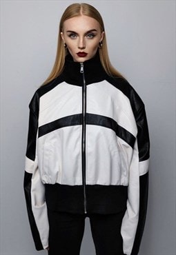 Faux leather motorcycle jacket PU racing bomber cropped coat