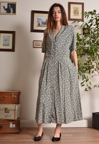 VINTAGE 80S FLORAL MAXI BUTTON DRESS WITH SHOULDER PADS