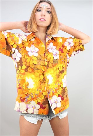VINTAGE OVERSIZED SHORT SLEEVE PATTERNED BLOUSE