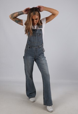 VINTAGE DENIM DUNGAREES WIDE FLARED LEG FLARE UK 8 XS (B1E)