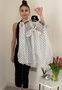 White color Oversized Organza shirt in polka dot print with 