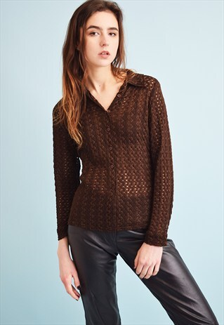 90'S GOES 70'S RETRO KNITTED SHEER LACE SHIRT BLOUSE TOP