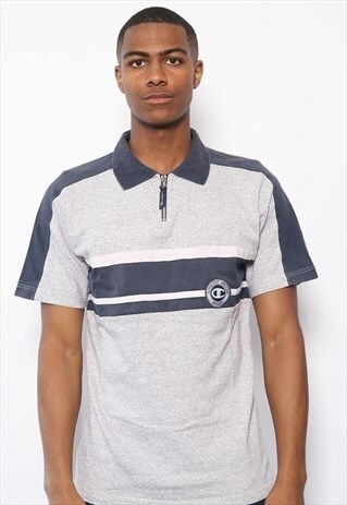VINTAGE CHAMPION LOGO 1/4 ZIP POLO SHIRT GREY