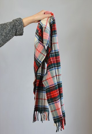 VINTAGE 90S RED & WHITE TARTAN CHECK WOOL SCARF