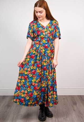 90'S MULTICOLOUR FLORAL PATTERN MIDI DRESS