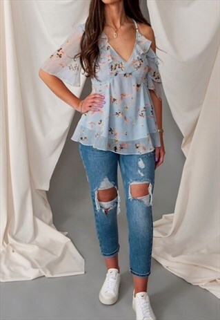'DAISY' PALE BLUE FLORAL COLD SHOULDER BLOUSE