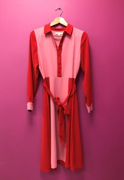 Shirt Dress Pink Red Colour Block Belted Midi
