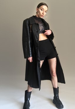 Y2K vintage unisex long leather coat in black